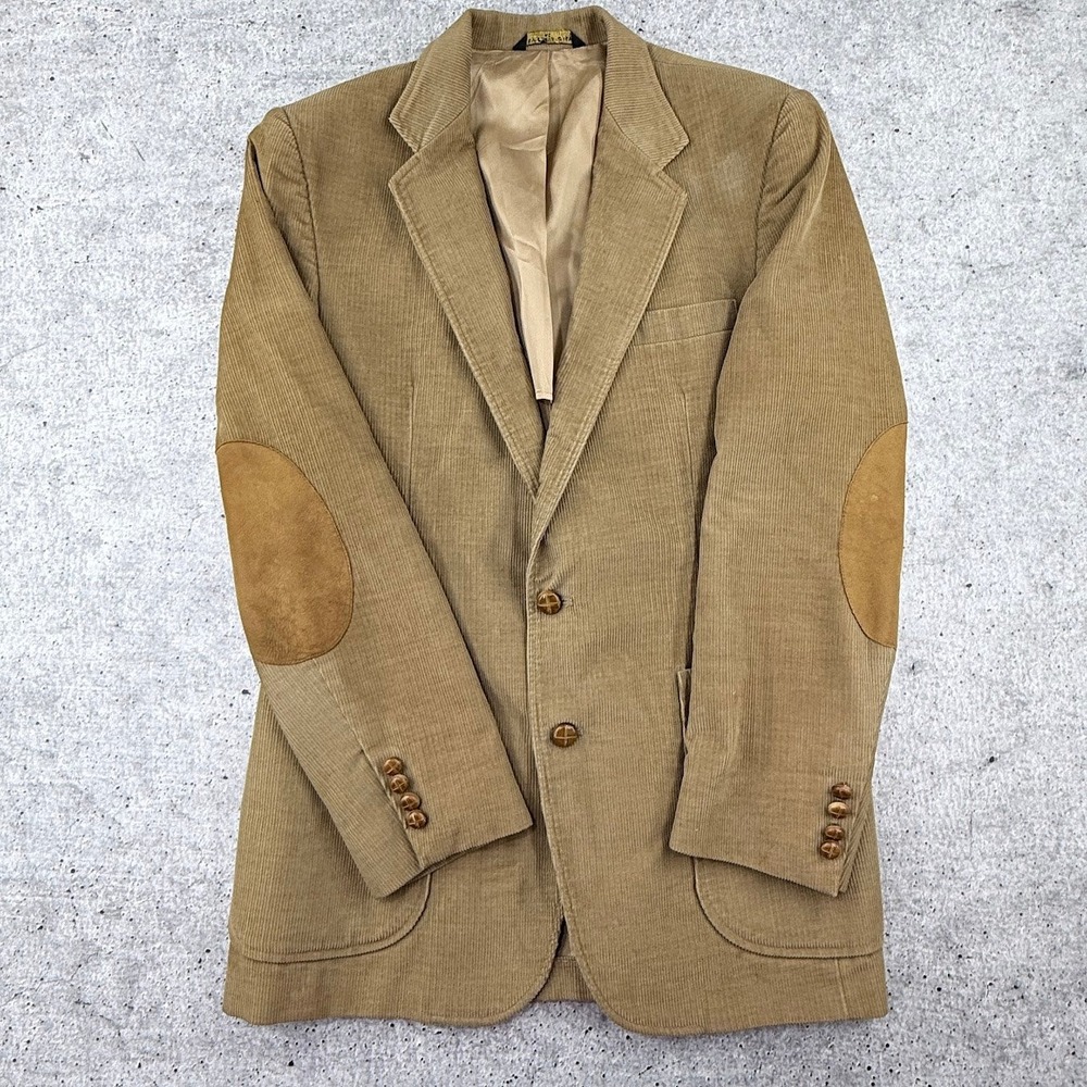 Vintage The Gallery Haggar Tan Corduroy Elbow Patch Blazer Size 40 Made in USA